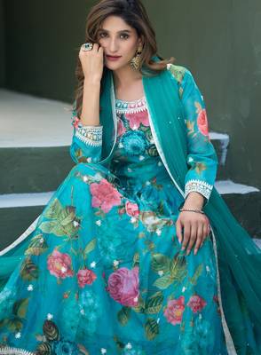Blue taby silk readymade anarkali suit with embroidery thread & sequin  3