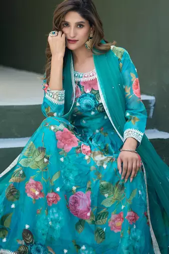 Blue taby silk readymade anarkali suit with embroidery thread & sequin 