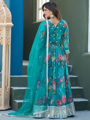 Blue taby silk readymade anarkali suit with embroidery thread & sequin  4