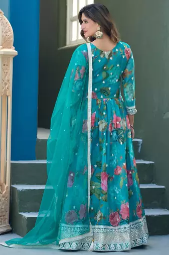 Blue taby silk readymade anarkali suit with embroidery thread & sequin 