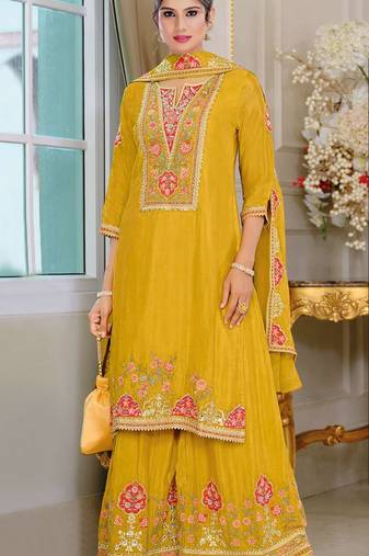 Yellow chinon semi stitched suit with embroidery sequence work
