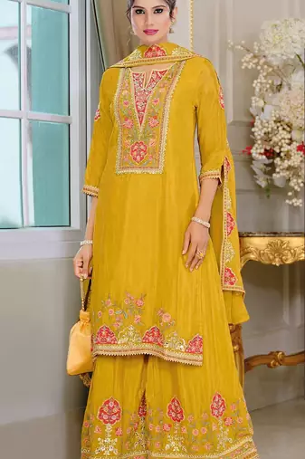 Yellow chinon semi stitched suit with embroidery sequence work