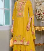 Yellow chinon semi stitched suit with embroidery sequence work