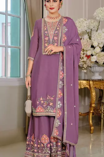 Purple chinon semi stitched suit with embroidery sequence work