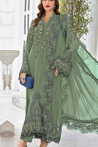 Mehendi georgette semi stitched suit with embroidered sequence & khatli work