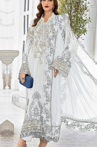 White georgette semi stitched suit with embroidered sequence & khatli work