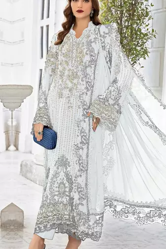 White georgette semi stitched suit with embroidered sequence & khatli work