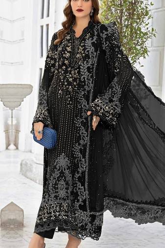 Black georgette semi stitched suit with embroidered sequence & khatli work