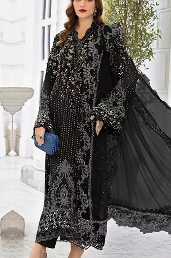 Black georgette semi stitched suit with embroidered sequence & khatli work