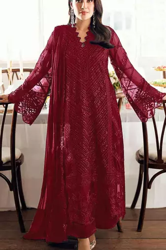 Maroon georgette semi stitched suit with embroidered sequence & khatli work