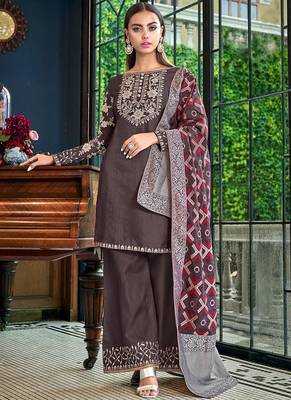 Brown Silk Heavy Embroidered Designer Plazzo Semi Stiched Suit 1