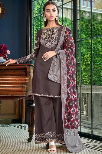 Brown Silk Heavy Embroidered Designer Plazzo Semi Stiched Suit