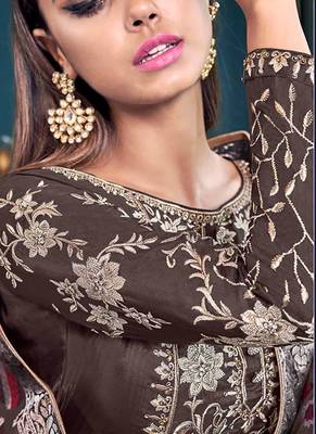 Brown Silk Heavy Embroidered Designer Plazzo Semi Stiched Suit 3