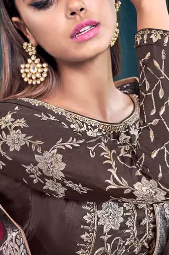 Brown Silk Heavy Embroidered Designer Plazzo Semi Stiched Suit