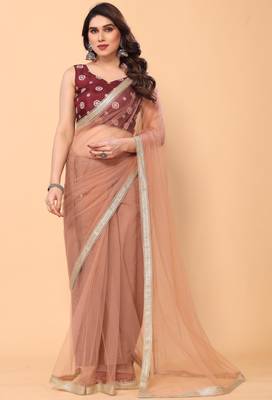 beige net party wear saree with maroon silk blouse 1