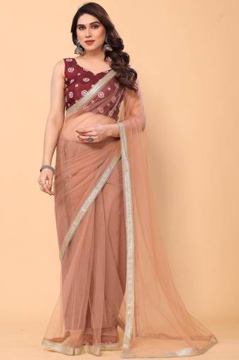 Party Wear Designer Net Saree With Fancy Border and Embroidery Work Silk Blouse
