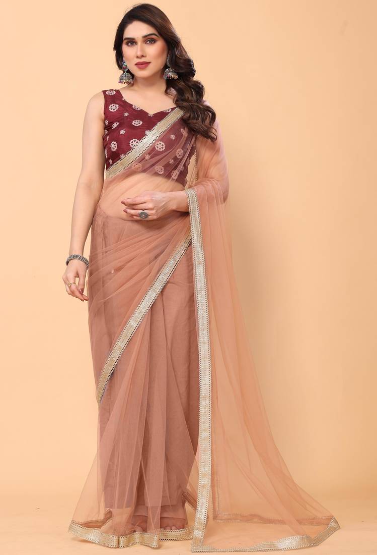 Party Wear Designer Net Saree With Fancy Border and Embroidery Work Silk Blouse