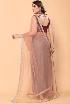 beige net party wear saree with maroon silk blouse 2