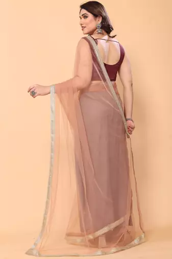 beige net party wear saree with maroon silk blouse