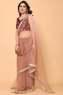 beige net party wear saree with maroon silk blouse 3