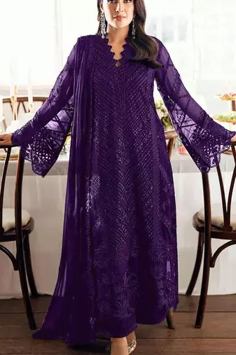 Violet georgette semi stitched suit with embroidered sequence & khatli work
