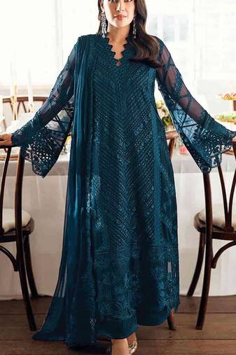 Teal blue georgette semi stitched suit with embroidered sequence & khatli work