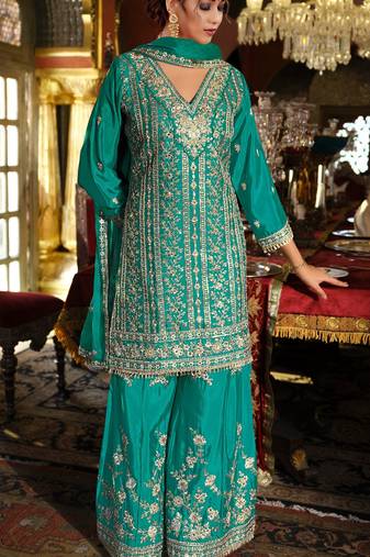 Turquoise chinon semi stitched suit with embroidery codding sequence work
