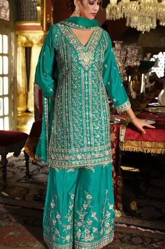 Turquoise chinon semi stitched suit with embroidery codding sequence work