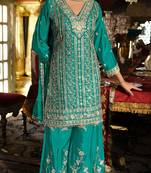 Turquoise chinon semi stitched suit with embroidery codding sequence work