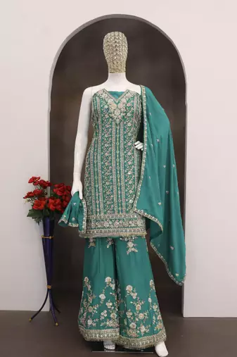 Turquoise chinon suit with embroidery codding sequin 