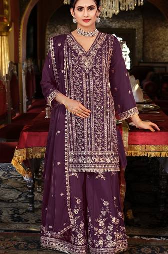 Maroon chinon semi stitched suit with embroidery codding sequence work