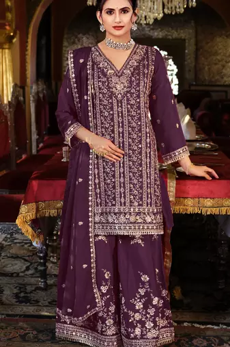 Maroon chinon semi stitched suit with embroidery codding sequence work