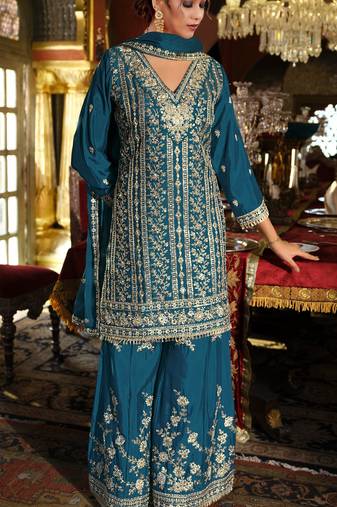 Teal blue chinon semi stitched suit with embroidery codding sequence work
