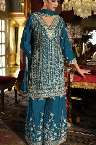 Teal blue chinon semi stitched suit with embroidery codding sequence work