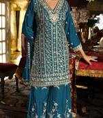 Teal blue chinon semi stitched suit with embroidery codding sequence work
