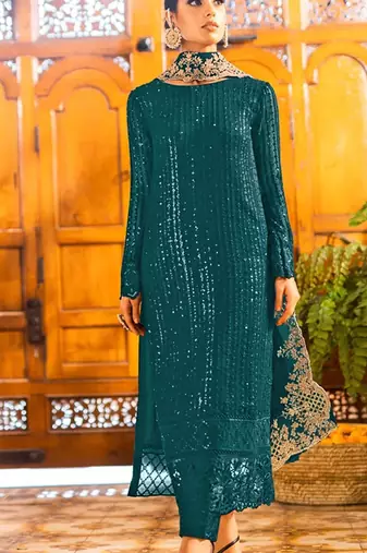 Teal georgette semi stitched suit with embroidered sequence work