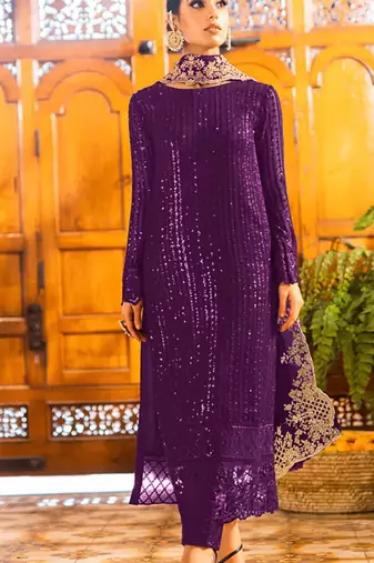 Violet georgette semi stitched suit with embroidered sequence work