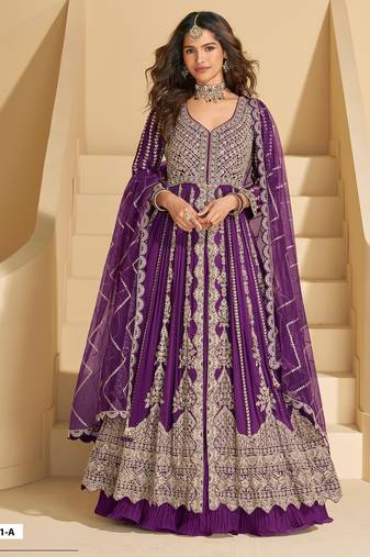 Purple chinon readymade anarkali suit - full stitched free size