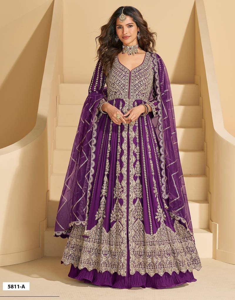 Purple chinon readymade anarkali suit - full stitched free size