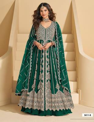 D green chinon readymade anarkali lehenga with heavy embroidery - full stitched free size 1