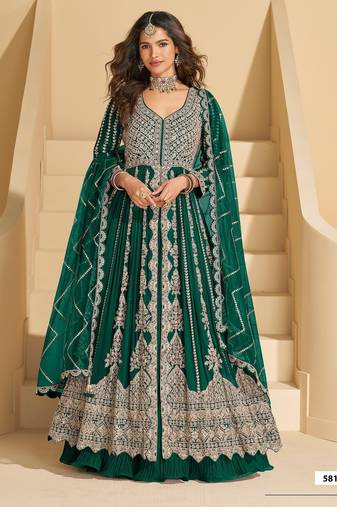 D green chinon readymade anarkali lehenga with heavy embroidery work - full stitched free size