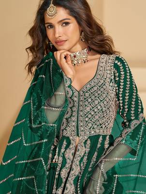 D green chinon readymade anarkali lehenga with heavy embroidery - full stitched free size 2