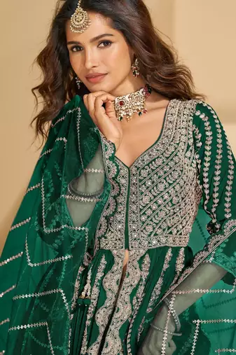 D green chinon readymade anarkali lehenga with heavy embroidery - full stitched free size