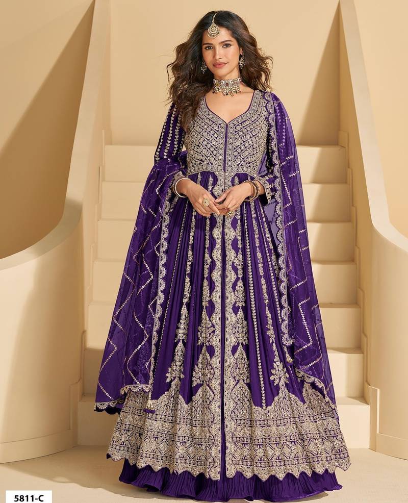 Violet chinon readymade anarkali lehenga with heavy embroidery work - full stitched free size