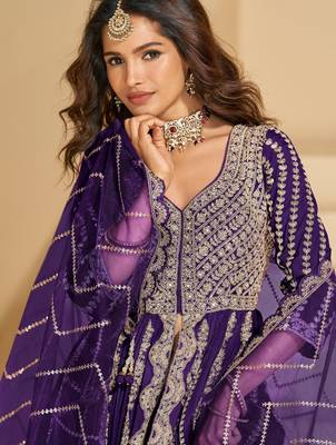Violet chinon readymade anarkali lehenga with heavy embroidery - full stitched free size 2