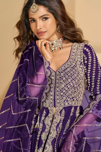 Violet chinon readymade anarkali lehenga with heavy embroidery - full stitched free size