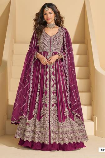 Maroon chinon readymade anarkali lehenga with heavy embroidery work - full stitched free size