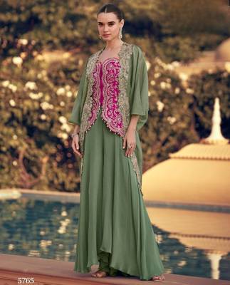Mehendi chinon readymade shrug suit with heavy embroidery - full stitched free size 1