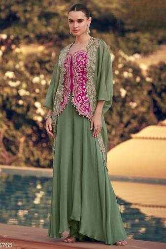 Mehendi chinon readymade shrug suit with heavy embroidery work - full stitched free size