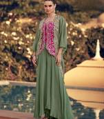 Mehendi chinon readymade shrug suit with heavy embroidery work - full stitched free size